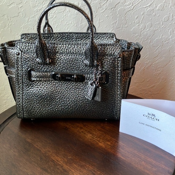 Coach Handbags - COACH: Silver Metallic Pebbled Leather Mini Satchel Handbag (#42100)- No strap